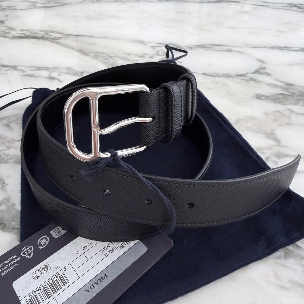 Prada 2CM275 Men's Black Saffiano Leather Belt silver buckle, 100 cm - Picture 2 of 5